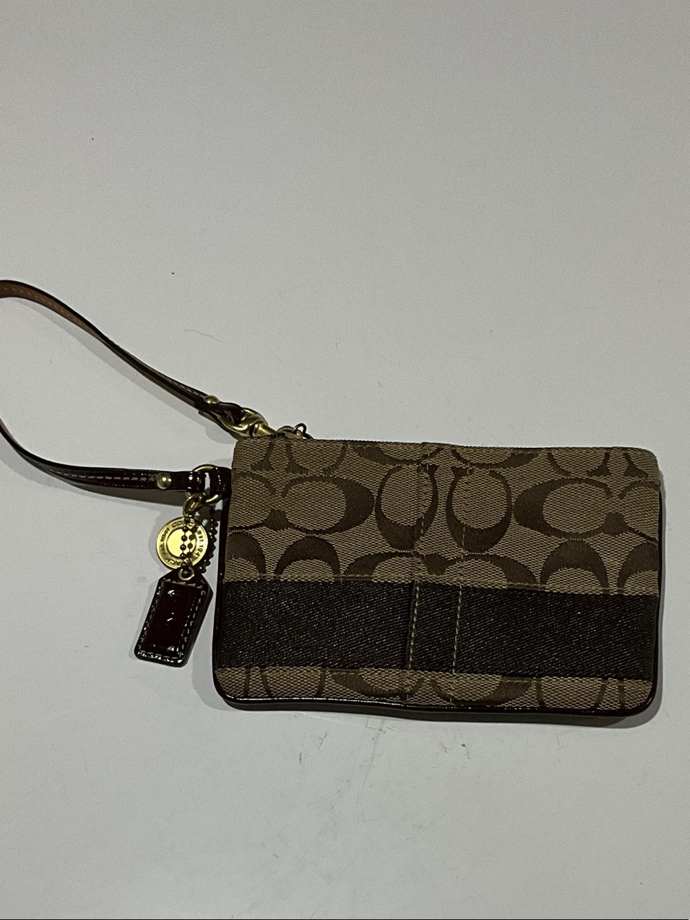 Coach Brown Signature Canvas Wristlet with Dark Brown Trim